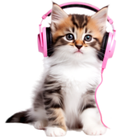 AI generated Kitten wearing pink headphone png