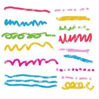 Charcoal pencil curly strokes - lines, squiggles and shapes. Grunge hand drawn pen scribbles collection. Vector pencil lines and doodles. Bright color charcoal or chalk drawing. Rough crayon stroke.