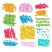 Various colorful childish marker scribbles and curly lines. charcoal shapes and kids crayon abstract drawing. Doodle shapes and marker smears. Grunge texture, crosshatches, vector pencil squiggles