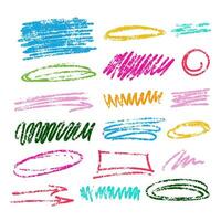 Colorful charcoal strokes, squiggle and Crayon stroke shapes collection. Hand drawn vector abstract lines drawn with bright colored pencil. Circles, scribbles and smears. Textured vector