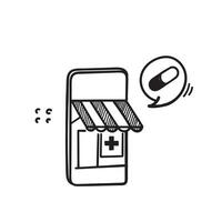 hand drawn doodle buy medicine at the medical store mobile phone illustration vector