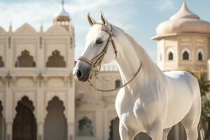 ai generado blanco caballo con mezquita edificio paisaje en brillante día foto