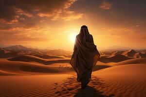 ai generado árabe personas caminando en el Desierto a puesta de sol foto