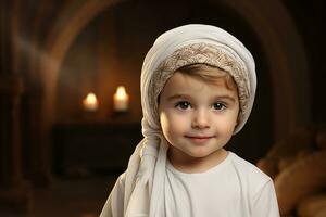 ai generado linda árabe pequeño chico vistiendo turbante con sonriente expresión foto