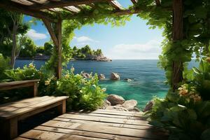 AI generated Beautiful Sea Landscape from a Wooden Gazebo in Bright Day photo