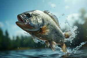 ai generado pescado saltando fuera de agua con cielo ver en brillante día foto