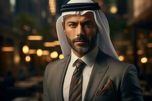 AI generated Arabian Businessman Wearing Kandora in Office photo