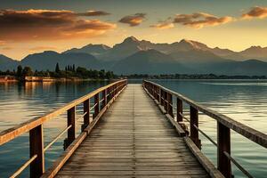 AI generated Wooden Bridge with Lake Landscape and Mountains at Sunrise photo