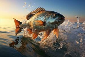 ai generado pescado saltando fuera de Oceano agua con cielo ver foto