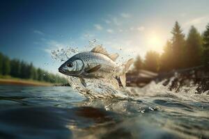 ai generado pescado saltando fuera de agua con naturaleza ver en brillante día foto