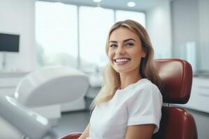 ai generado contento joven mujer sonriente comprobación fuera su Perfecto sano dientes sentado en un dental silla a el dentista foto