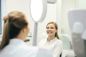 AI generated Happy young woman smiling checking out her perfect healthy teeth sitting in a dental chair at the dentist photo