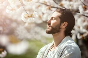 AI generated a man meditate and sitting outdoors in park photo