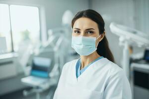 AI generated Female dentist wearing mask in dental clinic photo