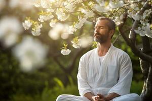 AI generated a man meditate and sitting outdoors in park photo