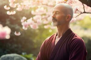 AI generated a man meditate and sitting outdoors in park photo