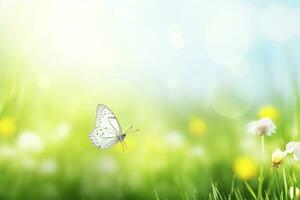 AI generated butterfly on wild white flowers in grass in rays of sunlight, macro. Spring summer fresh artistic image of beauty morning nature photo