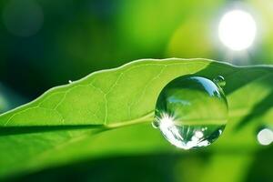 AI generated Large beautiful drops of transparent rain water on a green leaf macro. Drops of dew in the morning glow in the sun photo