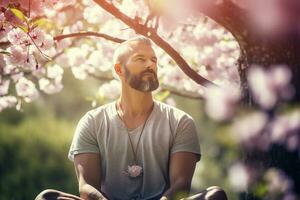 AI generated a man meditate and sitting outdoors in park photo