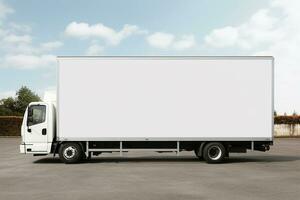 AI generated Clean blank white delivery , side view of plain car cargo carrier with large space for design, transportation logistics mockup photo