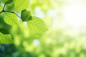 AI generated Green fresh grass leaves with selective focus and ladybug in focus during positive sunny day photo