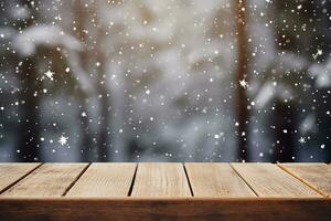 AI generated 3d wooden table looking out to a defocussed christmas tree snowy landscape photo