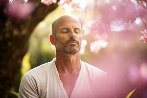 AI generated a man meditate and sitting outdoors in park photo