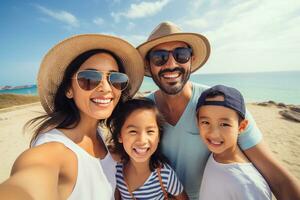 AI generated Happy family taking selfie on beach near sea. Summer vacation photo