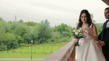 a recém-casados estão caminhando dentro a parque em seus Casamento dia. lindo noiva e noivo estão segurando mãos, sorridente e olhando às cada de outros dentro amar. Casamento andar do recém-casados dentro a parque. video