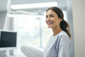 AI generated Happy young woman smiling checking out her perfect healthy teeth sitting in a dental chair at the dentist photo