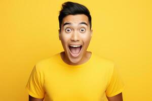AI generated excited man wearing yellow shirt on isolated background photo
