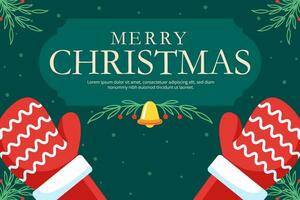 Christmas greetings banner with Christmas mittens, bell and leaves on green background vector