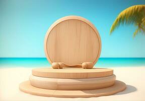 AI generated Round wooden podium with beach background, AI generated photo