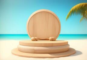 AI generated Round wooden podium with beach background, AI generated photo