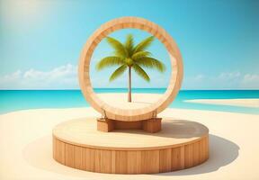 AI generated Round wooden podium with beach background, AI generated photo