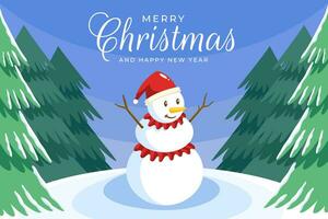 Christmas greetings banner with snowman in the middle of a pine forest in winter vector