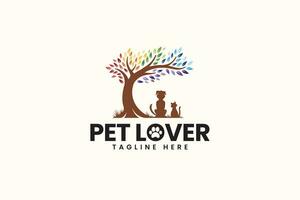 mascota cuidado amante logo diseño con perro y gato debajo el árbol concepto vector