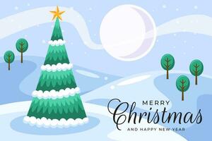 Christmas greetings banner with christmas tree under the moon in winter vector