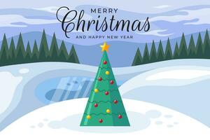 Christmas greetings banner with christmas tree on winter landscape vector