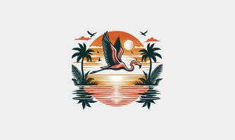 flying flamingo on beach sunset and palm vector artwork design