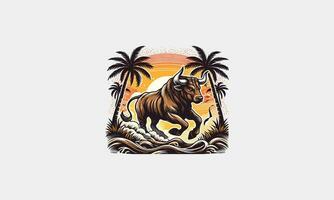 bull running on beach sunset and palm vector flat design