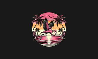 flying flamingo on beach sunset and palm vector artwork design