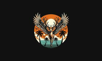 deer with wings on beach sunset and palm vector artwork design