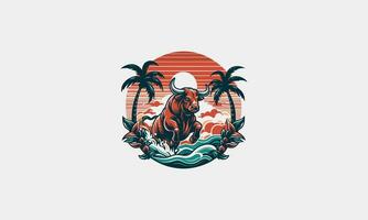 bull running on beach sunset and palm vector flat design