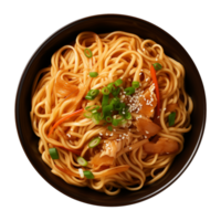 AI generated a bowl of Chinese noodles isolated on a transparent background, top view png