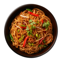 AI generated a bowl of Chinese noodles isolated on a transparent background, top view png