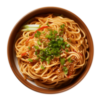 AI generated a bowl of Chinese noodles isolated on a transparent background, top view png