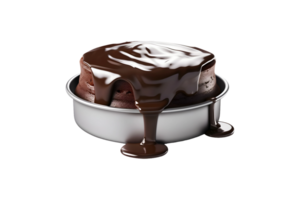 AI generated Chocolate cake in pan with chocolate syrup drizzle isolated on transparent background png