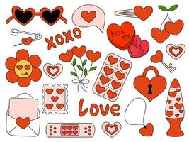 Valentine Day elements. Candy Heart, Envelope, Cherry, Retro Lamp, Patch, Sunglasses, Hairpin, Flowers, Post Stamp. Vector flat illustration. Icons, stickers in Y2K style.