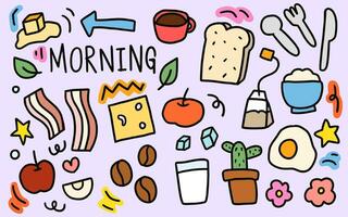 hand drawn doodles vector. morning time breakfast vector